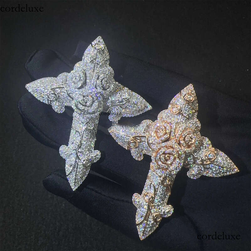 In Stock Fashion Man Jewelry Gold Color Hip Hop S VVS1 Moissanite Dia Rose Flower Cross Pendant Necklace Set f4