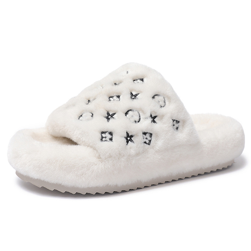 Designer shoes hot free shipping High quality fur integrated slippers new anti slip thick bottom indoor outdoor warm cotton flat slippers white grey b