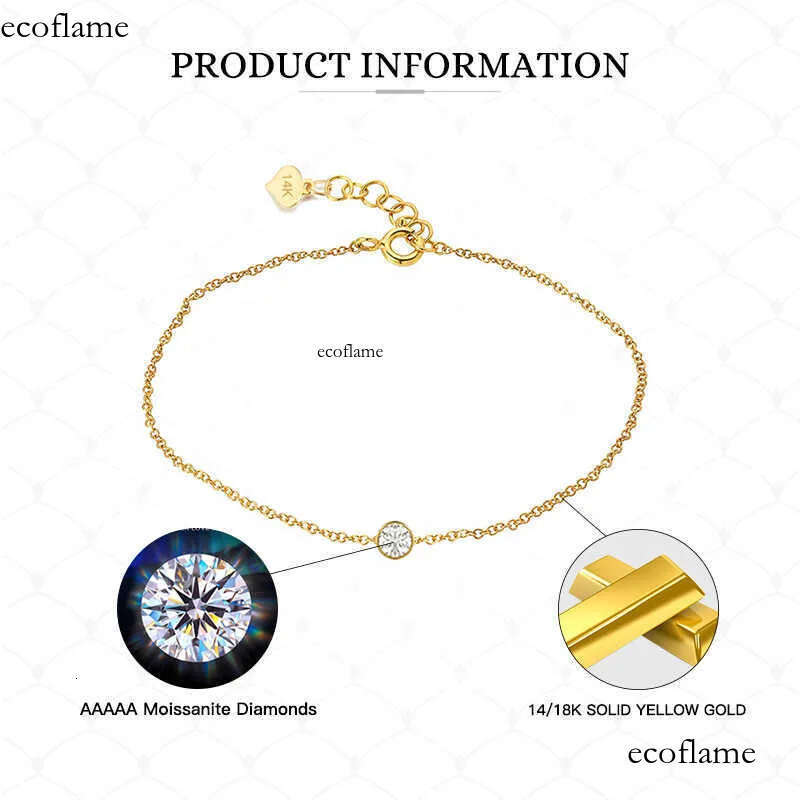 GB17 RINNTIN 14K Solid Yellow Gold Lobster Clasp Strand Cut Cable Chain Solitaire Bezel Set Moissanite Dia Bracelet