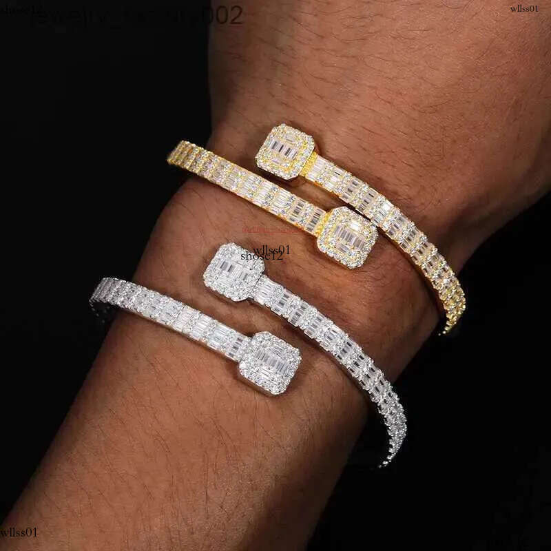 Pass Dia Tester 16.15ct 5.5mm Sterg Sier Baguette VVS Moissanite Iced Out Cuff Bangle Bracelet For Men Women