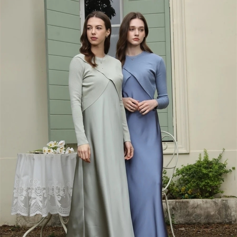 Spring/Summer Elegant Satin DressKnitted Top Matching Set Maxi Floor Length Womens Dress 250403