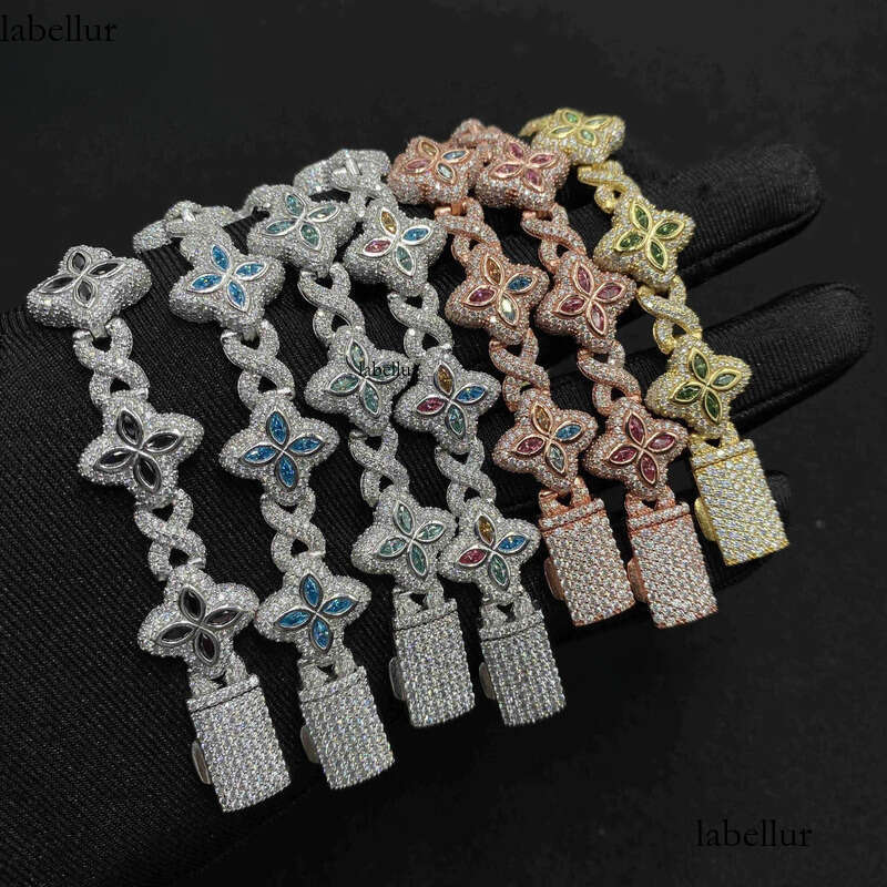 Colorful Marquise Flower Design 15mm Custom Iced Out Hip Hop Jewelry Cuban Link Chain Sier VVS Moissanite Bracelet c7