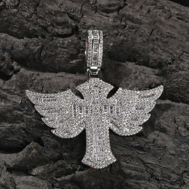 Hip Hop Wing Cross Pendant Necklace with Chain 5A Zircon White Gold Plated Religious Men Jewelry 4b