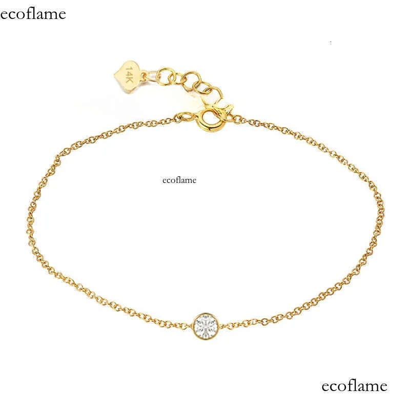 GB17 RINNTIN 14K Solid Yellow Gold Lobster Clasp Strand Cut Cable Chain Solitaire Bezel Set Moissanite Dia Bracelet