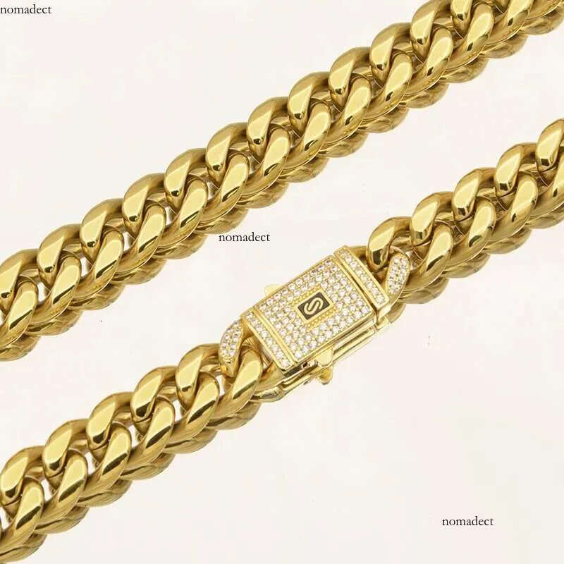 Hip Hop Bling Iced Out Gold Color Stainless Steel CZ Cuban Miami Necklace Link Chain for Men Rapper Jewelry 15