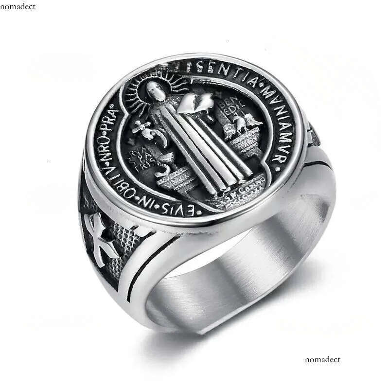 Titanium Steel Catholic Patron Saint St Benedict of Nursia Holy Medal Cross Round Finger Rings for Men Punk Jewelry 64