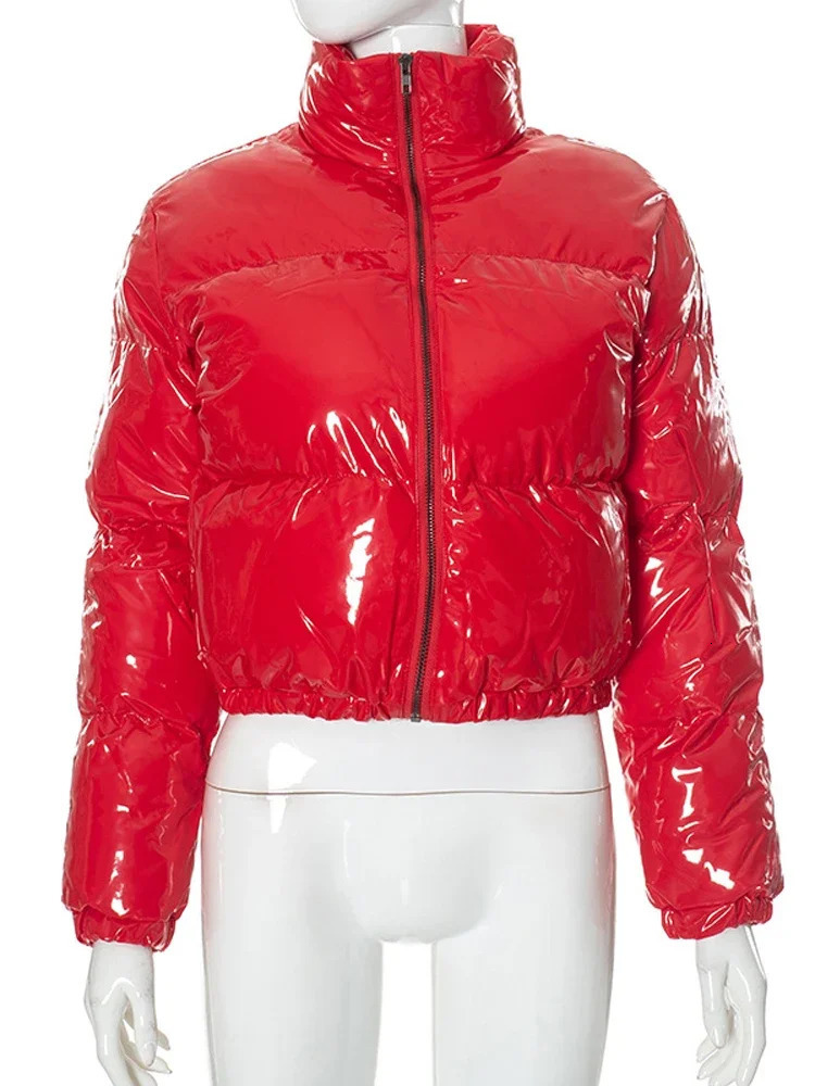 Pink PU Faux Leather Cropped Puffer Jacket 2025 Autumn Winter Fashion Long Sleeve Thick Warm Casual Bubble Coats Female 250922