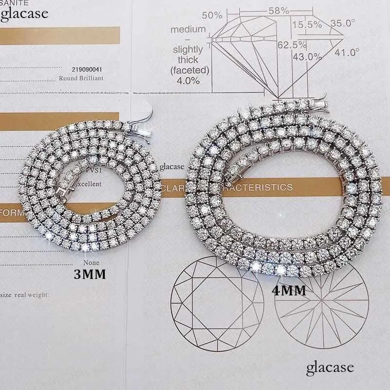 wholesale high quality sterling sier hip hop lab dia 3MM 4MM Moissanite necklace tennis chain ff