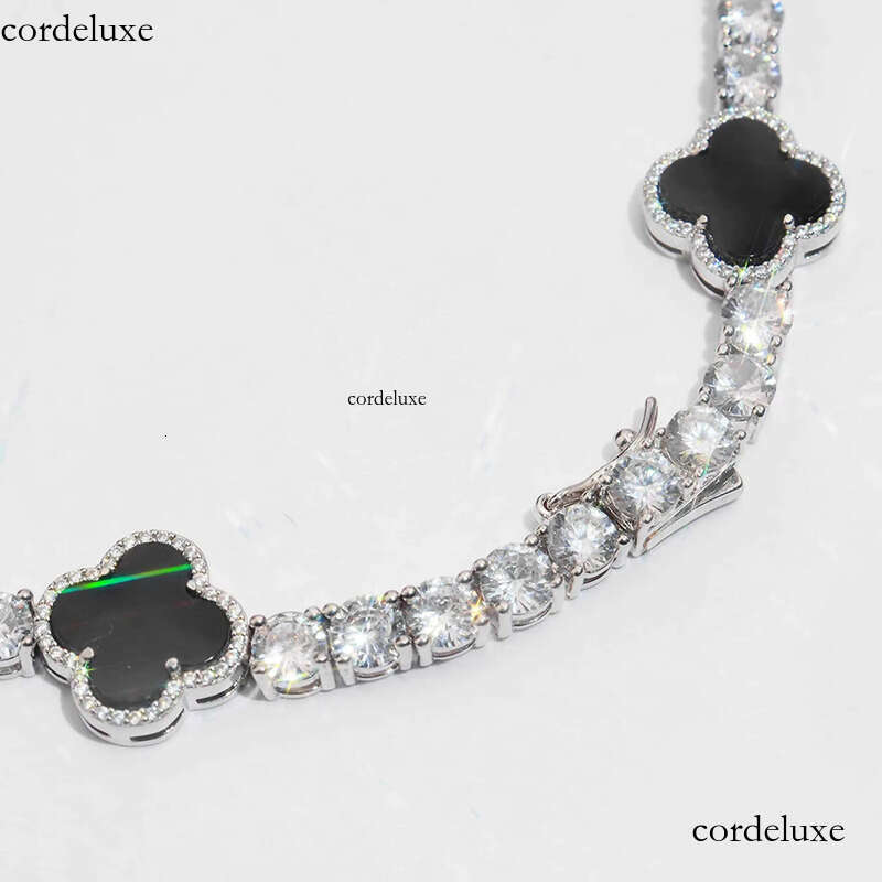 VVS Tennis Chain with Black Agate Clover Leafs Iced Out Moissanite Necklace Officiant Anniversary Gift c9