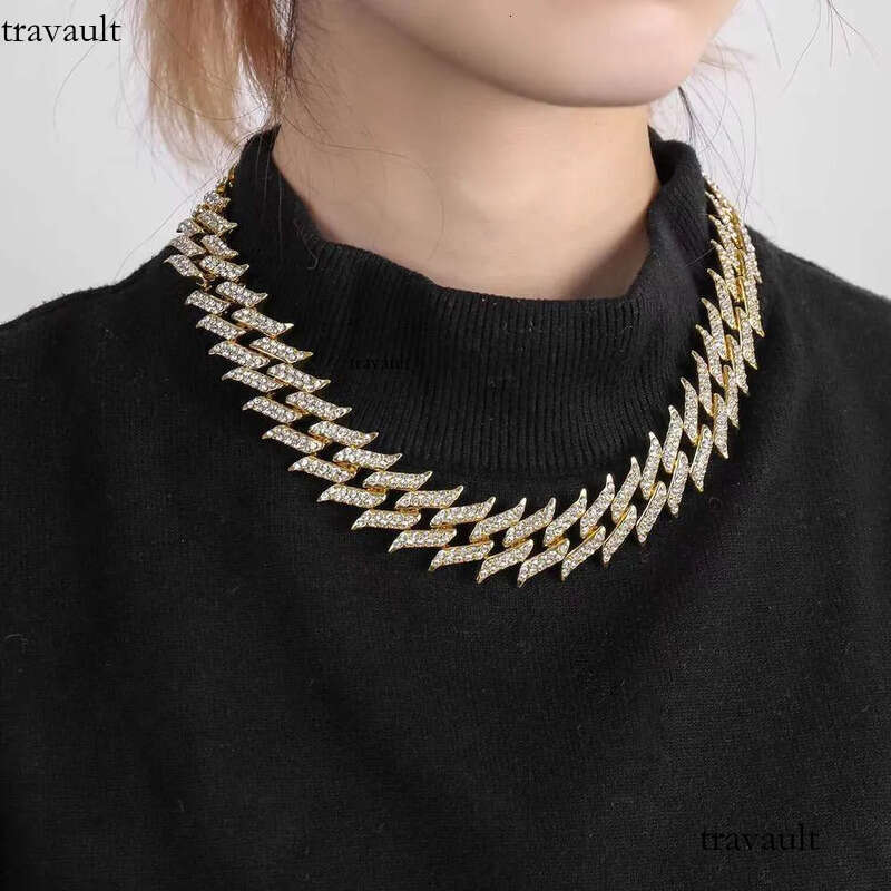 DHCollections Iced Out Cuban Link Chain Necklace for Men Women Spike Design Bling Rhinestone Hip Hop Choker Gold & Sier Plated Statement Jewellery