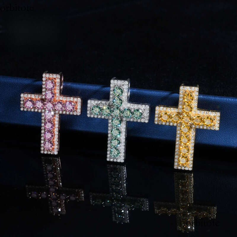Hot Sale RTS Colorful Cross Sterling Sier Gold Plated Pass Dia Tester Moissanite Pendant cf