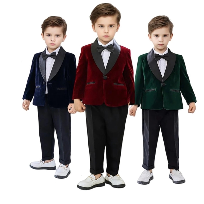 Boys formal velvet suit childrens birthday dress wedding party po piano retro costume childrens jacket pants tie set 241216