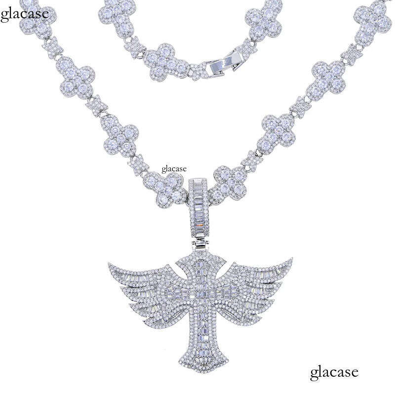 Hip Hop Wing Cross Pendant Necklace with Chain 5A Zircon White Gold Plated Religious Men Jewelry 4b