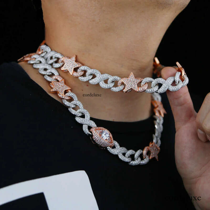 Hip Hop Jewelry Men Iced Out dia S Sier Necklace Link Chain Studded with pentagram eyes buckle Cuban chain a7