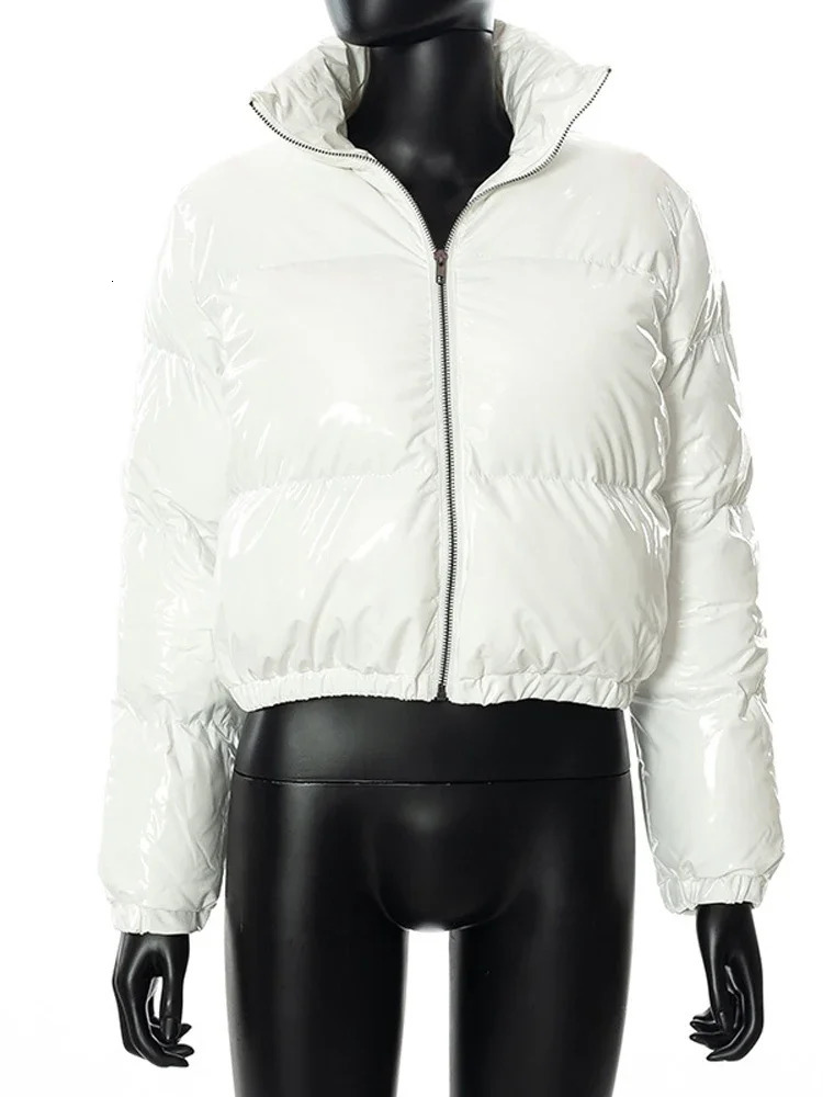 Pink PU Faux Leather Cropped Puffer Jacket 2025 Autumn Winter Fashion Long Sleeve Thick Warm Casual Bubble Coats Female 250922