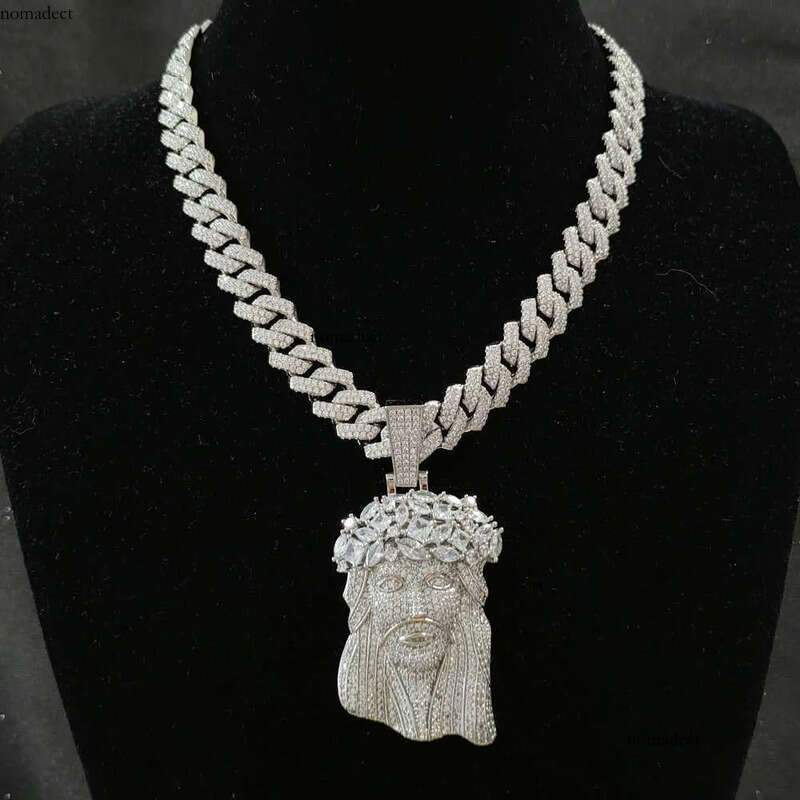 necklace moissanite chain Jesus Pendant with 13mm Moissanite Cuban Chain Necklace Hip Hop Jewelry for Men Gift 22