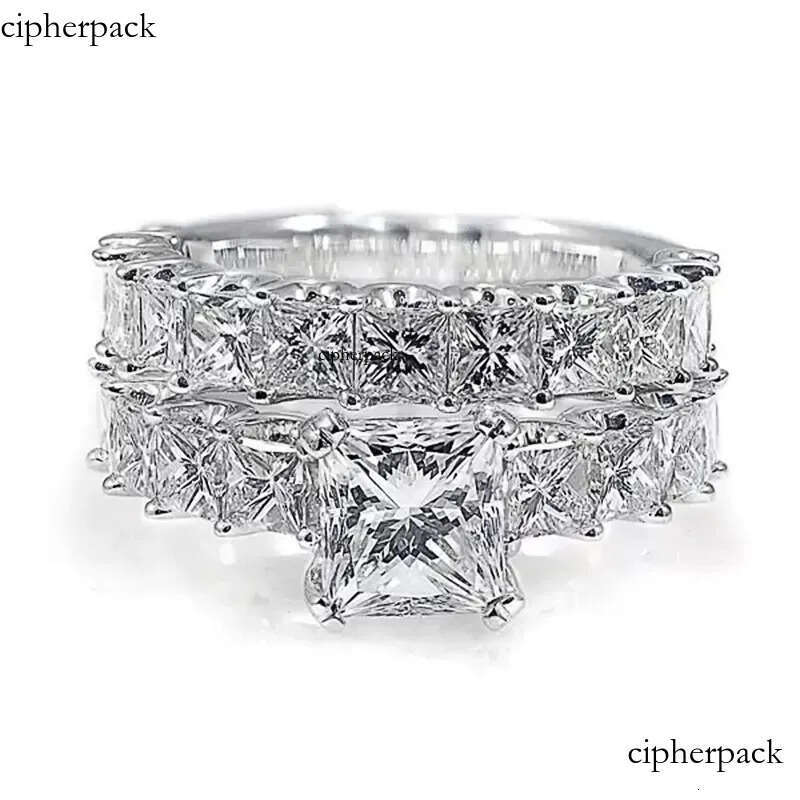 Gorgeous Stunning Wedding Rings Elegant Handmade Jewelry Sterling Sier Princess Cut White Lab Moissanite Dia Party Women Couple Bridal Ring Set bb