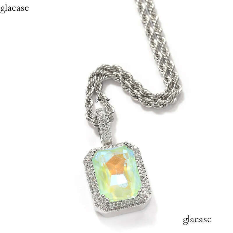 Mens Hip Hop Necklace Jewelry Fashion Fluorescent Square Gem Pendant Red Pink Gemstone Necklaces With 3mm*24inch Twist Chain d8