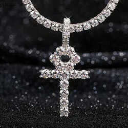 Pass Tester Sterling Sier VVS Moissanite Dia Ankh Cross Pendant 4mm Tennis Chain Necklace Jewelry Set 3e