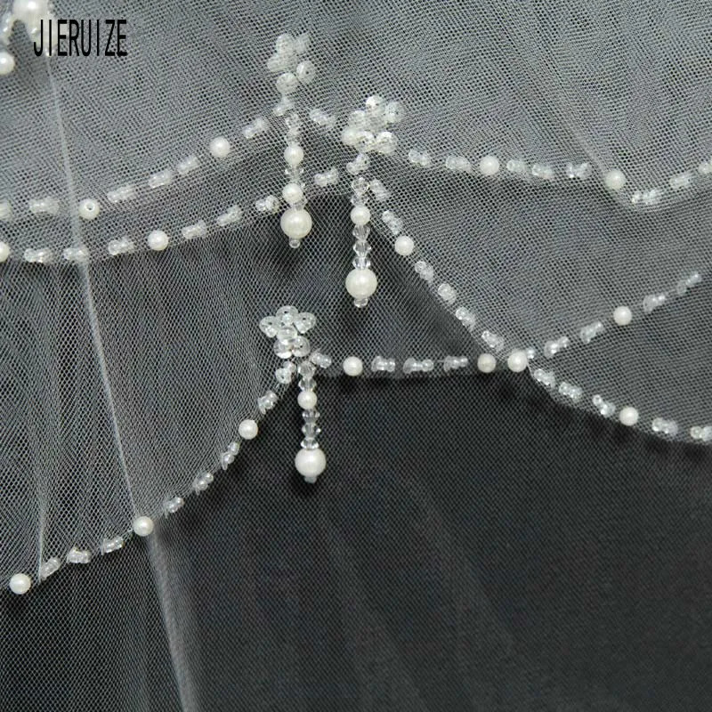 JIERUIZE Bling Beaded Edge Wedding Veils With Comb Two Layer Tulle Short Bridal Veil White Ivory Wedding Accessories 250929