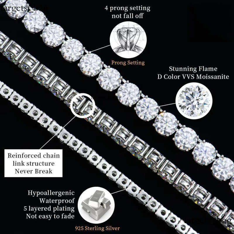 Wholesale Mens and Womens S Sterling Sier Tennis Chain Bracelet VVS Lab Moissanite Mossanite Hip Hop Style for Gifts