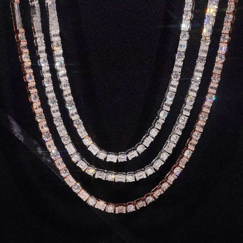 Trendy Sterling Sier Chain Jewelry GRA Certificated Emerald Cut Moissanite Tennis Necklace Men Women