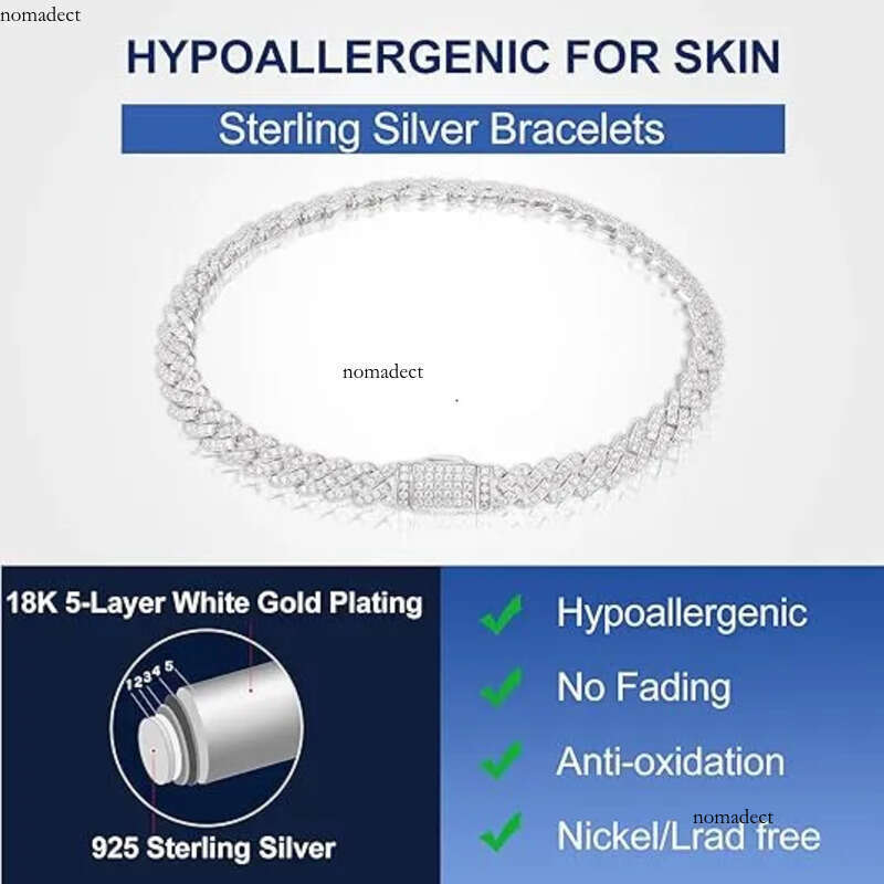 White Gold Sterling Sier VVS Moissanite Dia Cuban Link Chain Bracelet Iced Out Mossanite Jewelry For Men Women 9a