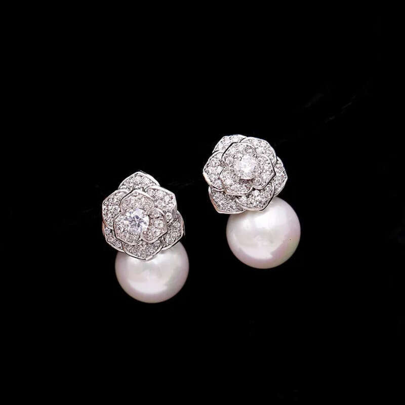 Elegant Freshwater Camellia Flower Earrings for Women Dia Zircon Stud Ball Pearl Earring Fashion Wedding Jewelry Nice Gift