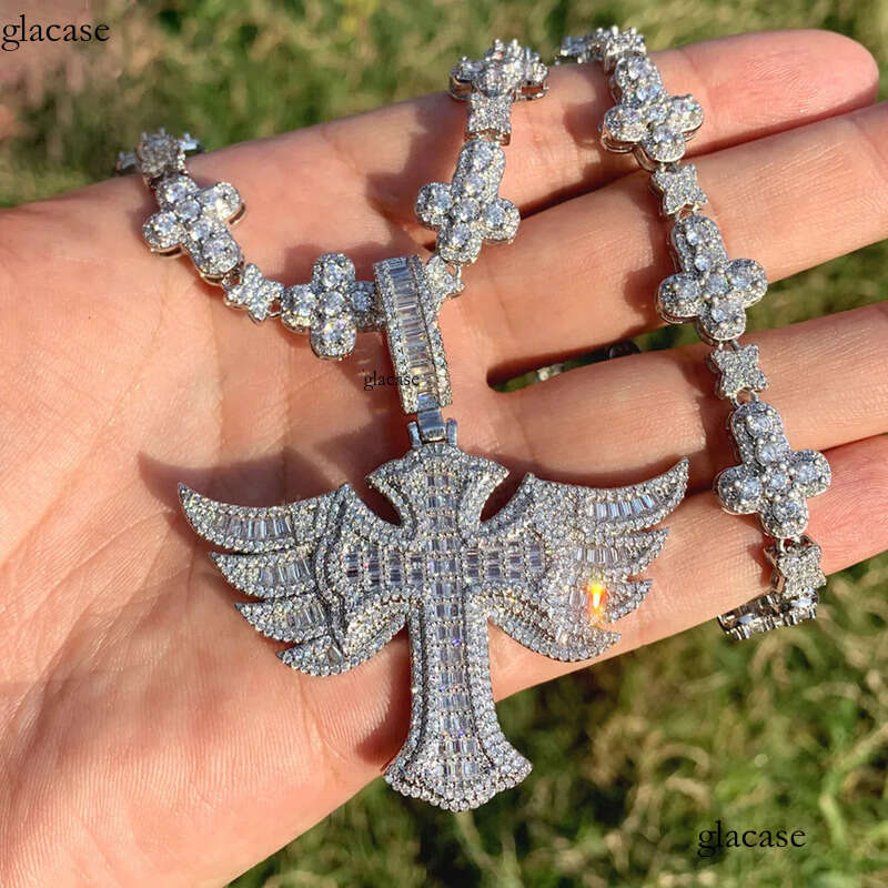 Hip Hop Wing Cross Pendant Necklace with Chain 5A Zircon White Gold Plated Religious Men Jewelry 4b