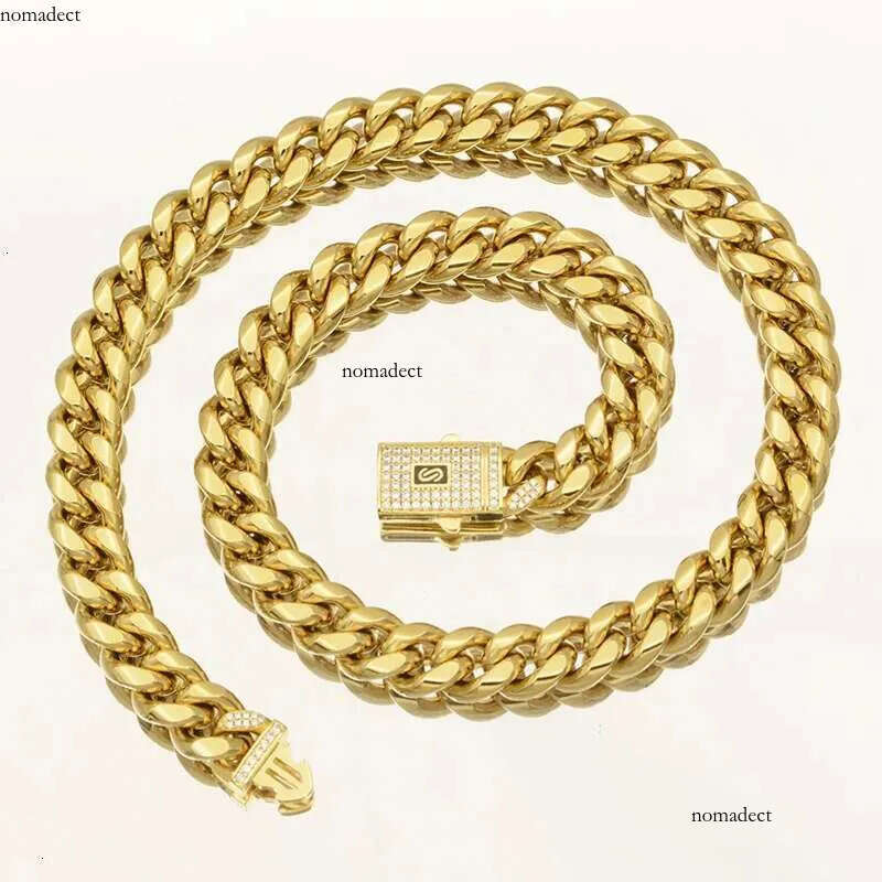 Hip Hop Bling Iced Out Gold Color Stainless Steel CZ Cuban Miami Necklace Link Chain for Men Rapper Jewelry 15