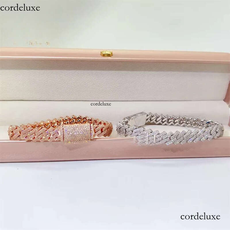 Hot Sale Fine Jewelry Lab Dia S Sterling Sier Rhodium Plated Moissanite Men Cuban Link Bracelet 36