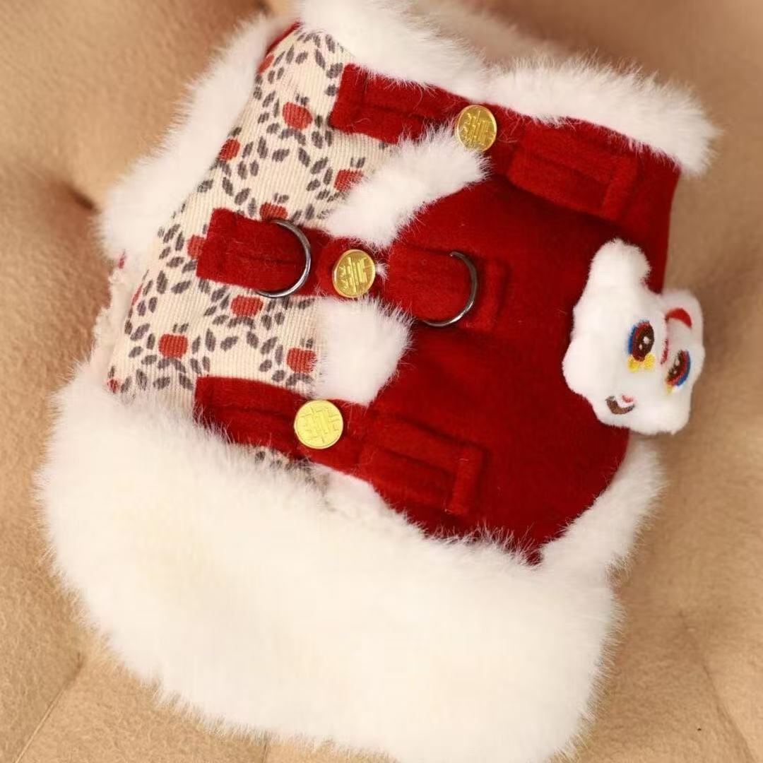 T1111 Dog autumn and winter clothes cat plush princess Tang suit New Year festive fur traction small pet warm