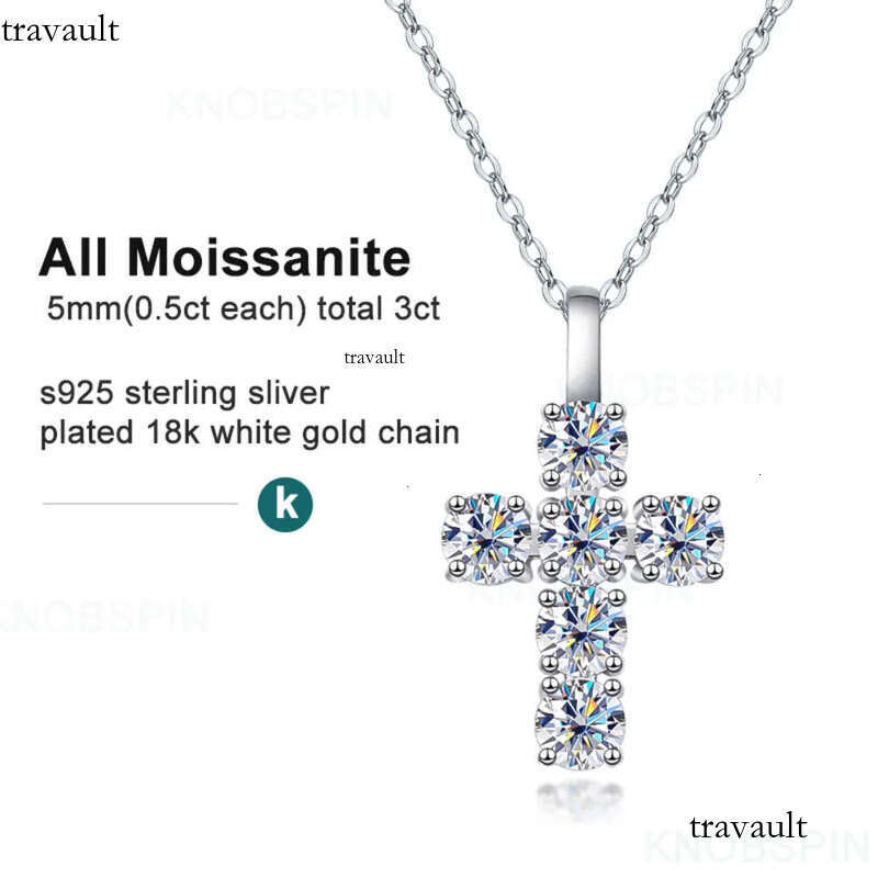 KNOBSPIN 3ct D VVS1 Moissanite Cross Pendant Necklaces for Women Man Sparking Dia with GRA 100% Sterling Sier Necklace