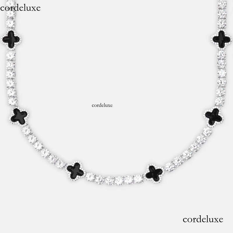 VVS Tennis Chain with Black Agate Clover Leafs Iced Out Moissanite Necklace Officiant Anniversary Gift c9