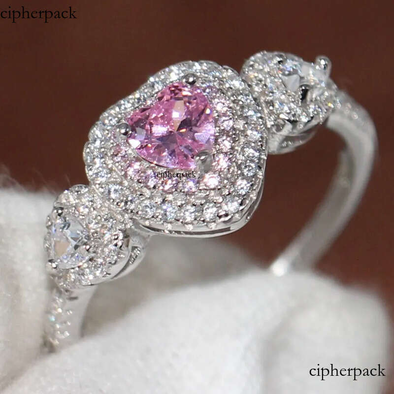 Heart Shape Promise ring 100% Real Soild Sterling sier Jewelry Pink Sapphire CZ Dia Engagement wedding band rings for women men 85