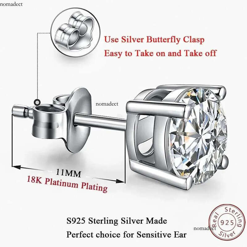 Moissanite Stud Earrings, White Gold Plated Sterg Sier Earring, 0.3-2.0 Carat Lab Created Dia Men Women Jewelry b4