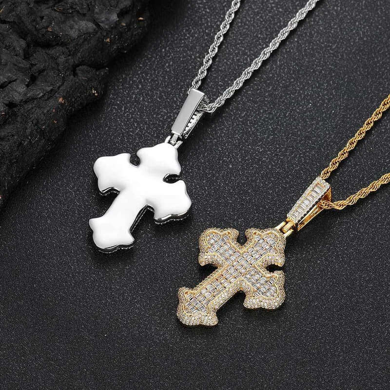 Hip Hop Fashion Charm Cross Pendant Necklace Zircon Crystal Real Gold Plated Women Men Religion Jewelry Gifts