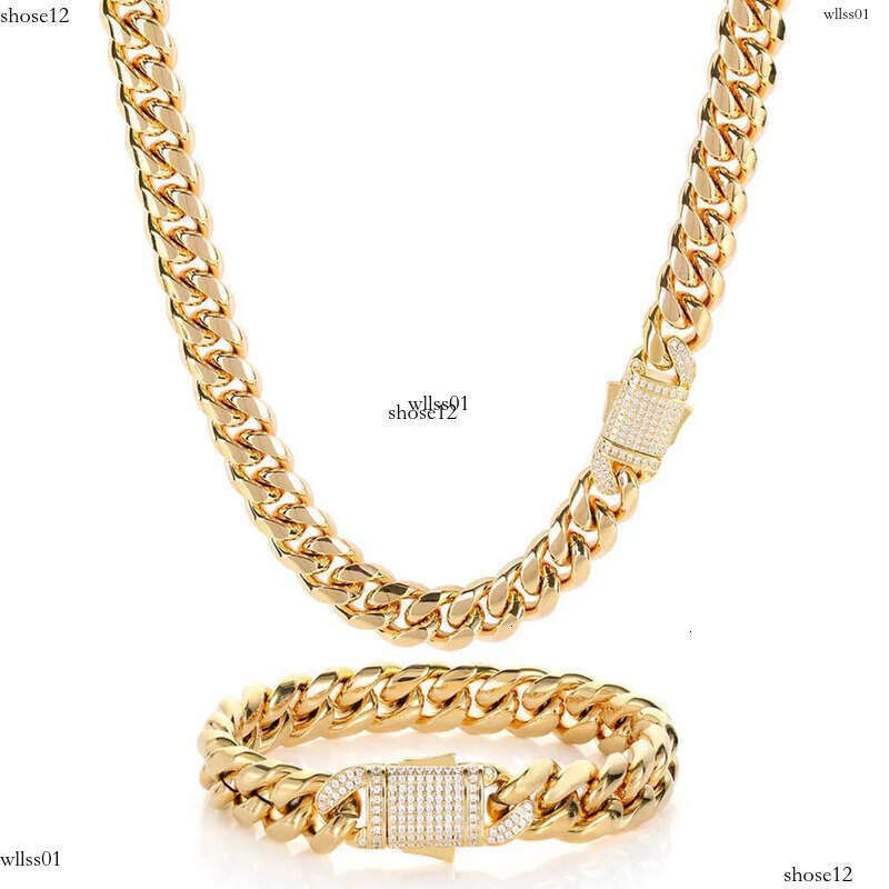 piece/sets 2 Hip Hop Miami Titanium Steel Mens Necklace Bracelet Set with Zircon Spring Buckle Cuban Link Gold Chain Popular Jewelry chains Necklaces