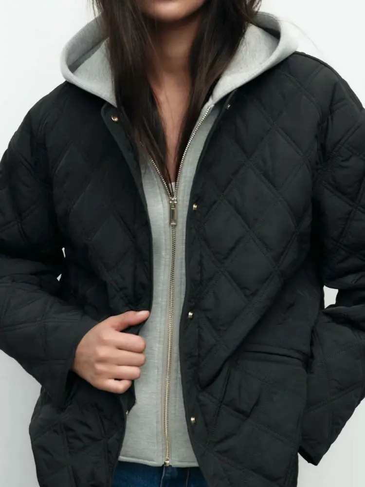 Fashion Autumn Winter Womens Casual Hooded Solid Black Padded Bomber Coats Female Basic Quilted Loose Parkas Jackets 250922