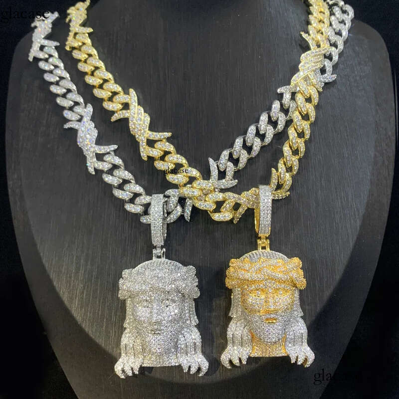 Hip Hop Jesus Face Pendant Necklace with Cuban Chain Jewelry Set Gold Plated 4d