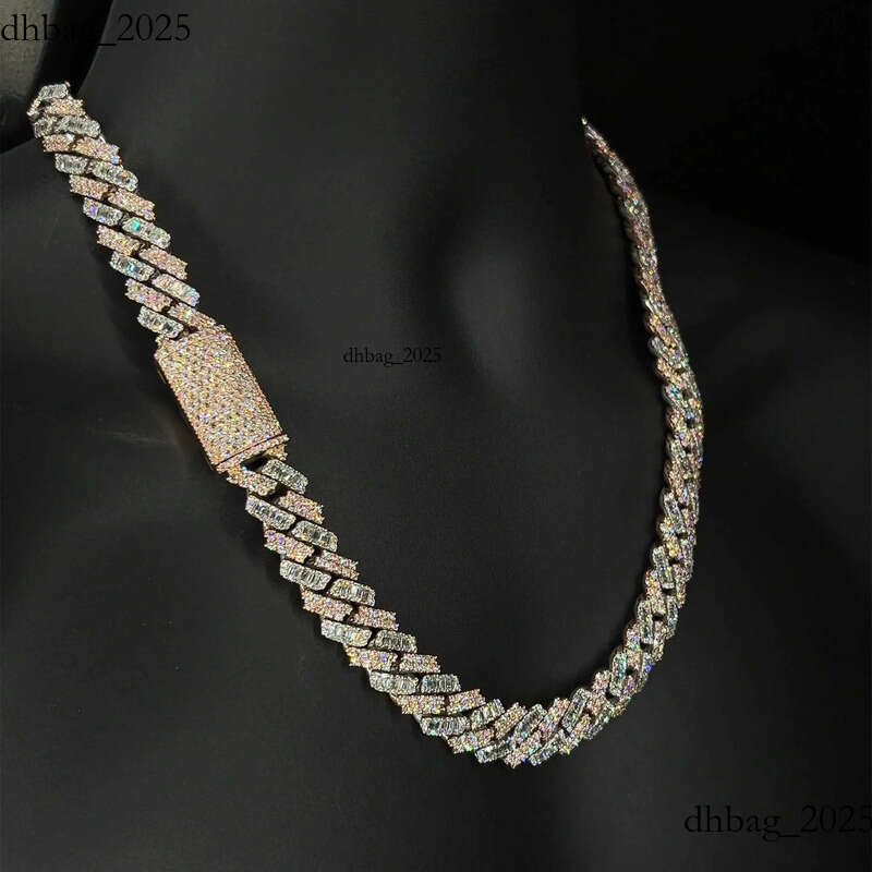 Kibo Iced Out Pure Sier Necklace Gra Vvs 15mm Two Tone Style Baguette and Round Cut Moissanite Cuban Link Chain