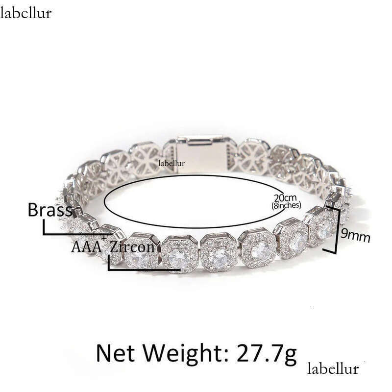 Bracelet necklace Moissanite chain Hip hop 9mm square rock sugar zircon bracelet with inset style design a niche item f0