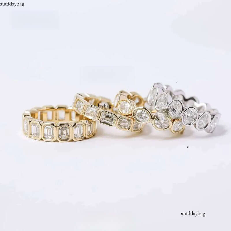 Luster Unique Wedding Eternity Band Sier 14k Gold Bezel Set 3x5mm Emerald Cut Moissanite Oval Ring for Women
