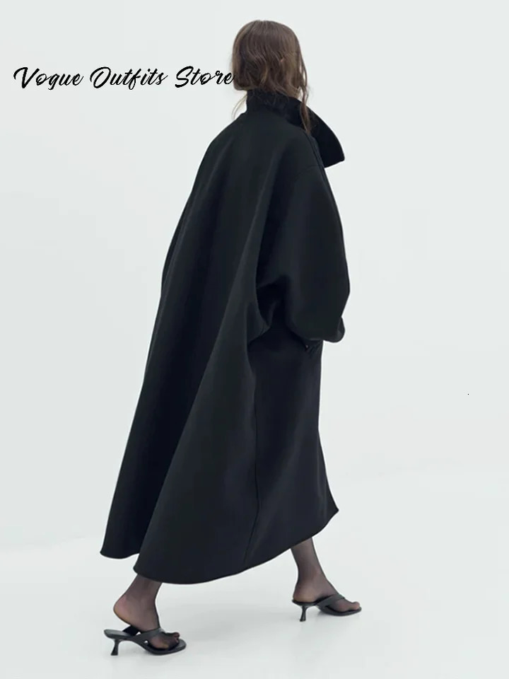 Chic Stand Collar Long Woolen Coat Women Puff Sleeve Single Breasted Loose Warm Overcoat 2025 Autumn Winter Lady Outwear 251030