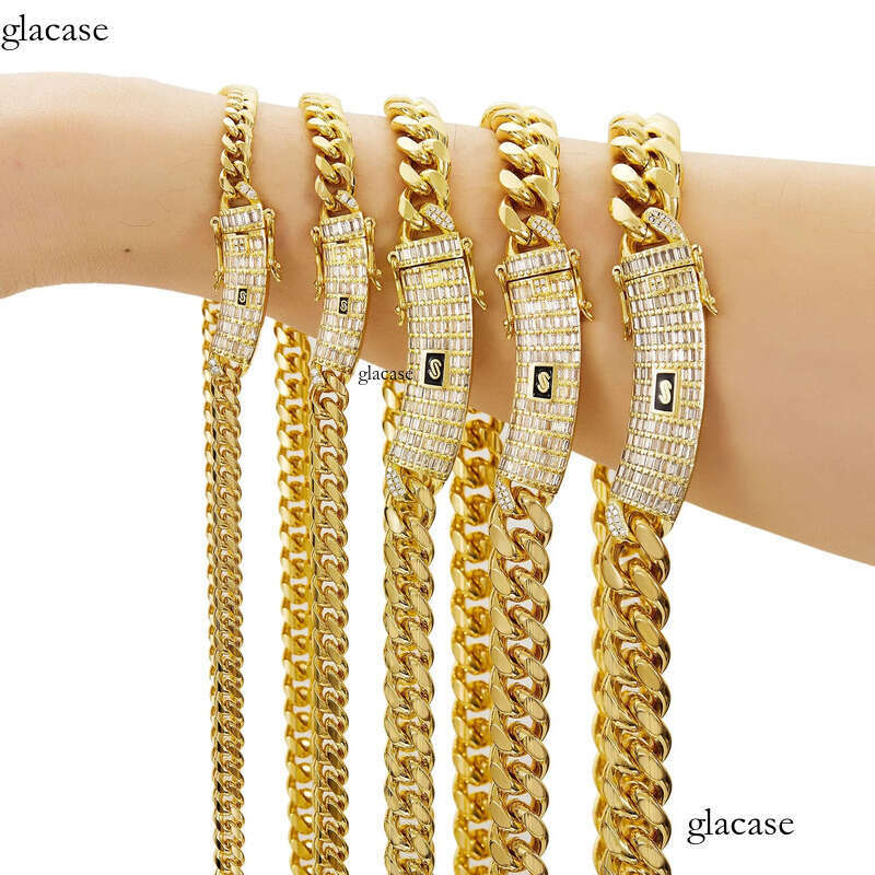 6-14mm Solid Stainless Steel Miami Cuban Chain Necklace Bracelets T Zircon Long Clasp 14K Gold Plated Jewelry c2