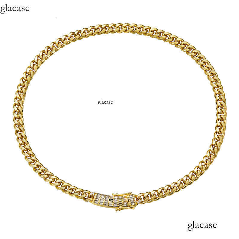 6-14mm Solid Stainless Steel Miami Cuban Chain Necklace Bracelets T Zircon Long Clasp 14K Gold Plated Jewelry c2