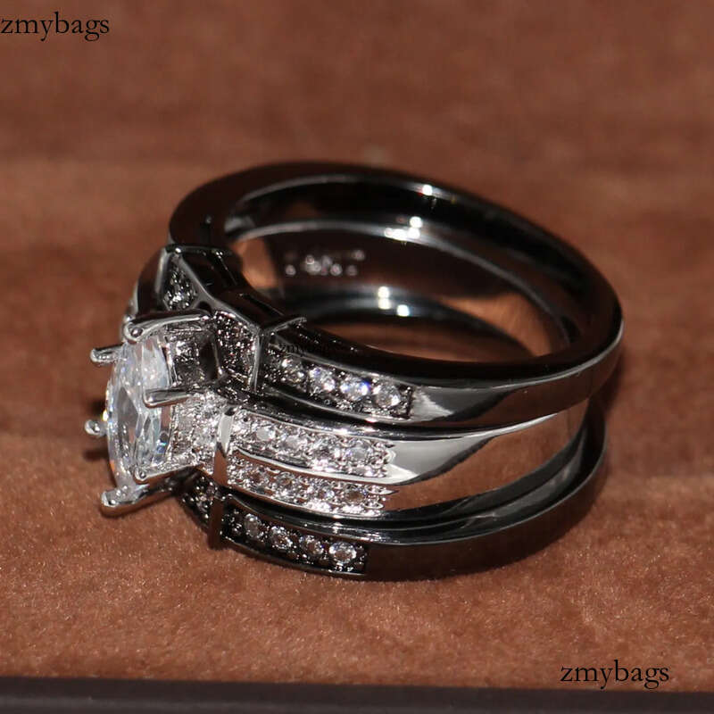 Vintage Fashion Jewelry High Quality 14KT White&Black Gold Filled Marquise CZ Dia Topaz Gemstones 3 IN 1 Wedding Couple Ring Set Gift