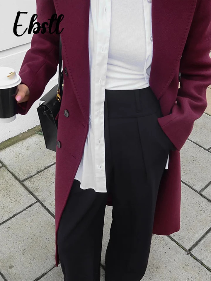 Wine Red Woolen Coats With Scarf Women Elegant Full Sleeve Double Breasted Long Overcoat 2025 Autumn Winter Lady Streetwear 251029