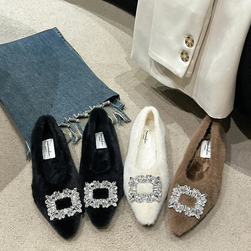 Aphixta Crystal Buckle Slip On Flats Soft Furry Shoe Shallow Flat With Women Loafers Pointed Toe Warm Casual Shoes 250930