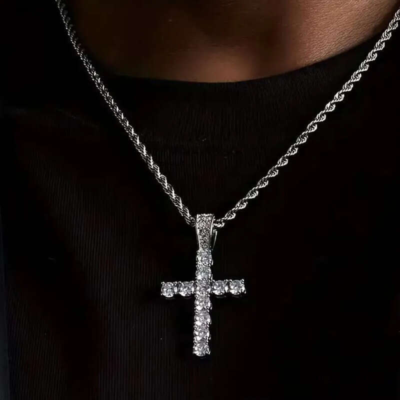 DHcollection Real Gold Plating Hip Hop Brass With One Row Bg Zircon Cross Pendant Necklace
